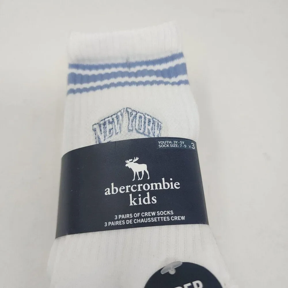 Abercrombie Kids Socks Youth XS White Striped City Crew 3 Pack Super Soft